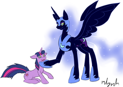 Size: 1200x854 | Tagged: safe, artist:cogs90210, nightmare moon, twilight sparkle, drool, mind control, swirly eyes