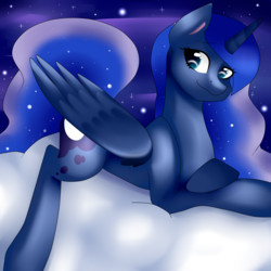 Size: 2500x2500 | Tagged: safe, artist:oniiponii, princess luna, alicorn, pony, g4, cloud, cute, female, high res, mare, prone, solo, stars