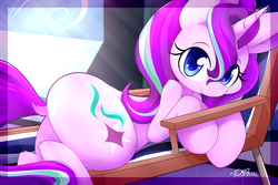 Size: 1920x1280 | Tagged: safe, artist:dshou, starlight glimmer, pony, unicorn, g4, :3, beach chair, butt, chair, colored pupils, cute, dock, draw me like one of your french girls, female, glimmerbetes, looking at you, lying, mare, plot, smiling, solo, sweet dreams fuel