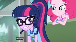 Size: 844x469 | Tagged: safe, screencap, pinkie pie, sci-twi, twilight sparkle, equestria girls, g4, my little pony equestria girls: legend of everfree, bus, camp everfree logo, camp everfree outfits, caption, female, glasses, grin, meme, ponytail, smiling, youtube caption