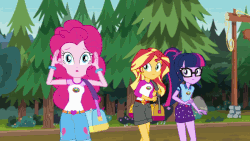 Size: 800x450 | Tagged: safe, screencap, pinkie pie, sci-twi, sunset shimmer, twilight sparkle, equestria girls, g4, my little pony equestria girls: legend of everfree, animated, female