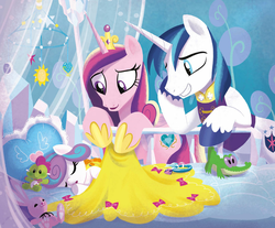 Size: 1044x865 | Tagged: safe, artist:amy mebberson, gummy, princess cadance, princess flurry heart, shining armor, spike, pony, g4, my little pony: good night baby flurry heart, baby, baby blanket, baby pony, blanket, cute, family, father and child, father and daughter, female, flurrybetes, male, mother and child, mother and daughter, motherly, plushie, sleeping, tucking in