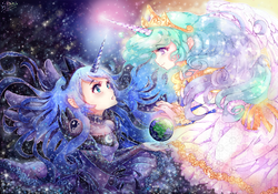 Size: 1024x717 | Tagged: dead source, safe, artist:miniiming, princess celestia, princess luna, human, g4, clothes, crown, dress, earth, goddess, horn, horned humanization, humanized, macro, planet, regalia, royal sisters, space, stars, tangible heavenly object, winged humanization