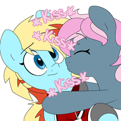 Size: 1280x1280 | Tagged: safe, artist:victoreach, oc, oc only, oc:honey wound, oc:juicy dream, pony, female, kissing, lesbian, mare, shipping, simple background, white background