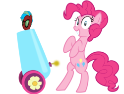 Size: 1090x826 | Tagged: safe, artist:mrcbleck, artist:nouseyourname, pinkie pie, oc, earth pony, pony, g4, bipedal, duo, earth pony oc, female, mare, party cannon, pony cannonball, simple background, vector, white background