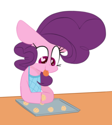 Size: 1718x1920 | Tagged: safe, artist:hattsy, sugar belle, g4, apron, baking, clothes, cookie dough, cooking, female, looking down, pan, simple background, solo, tongue out, transparent background