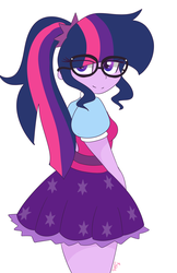 Size: 1024x1585 | Tagged: safe, artist:cubbybatdoodles, sci-twi, twilight sparkle, equestria girls, g4, clothes, female, glasses, looking at you, looking back, looking back at you, outfit, ponytail, simple background, skirt, smiling, smiling at you, solo, white background