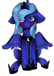 Size: 1000x1414 | Tagged: safe, artist:crystalsketch342, princess luna, g4, :<, blushing, female, filly, floppy ears, looking at you, pouting, simple background, sitting, solo, spread wings, woona