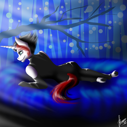 Size: 1920x1920 | Tagged: safe, artist:stirren, oc, oc only, oc:stacy, unicorn, anthro, unguligrade anthro, finished, hooves, horn, latex, looking away, lying down, pose, sexy, solo, ych result