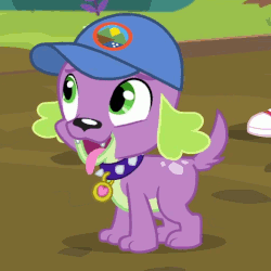 Size: 512x512 | Tagged: safe, screencap, spike, spike the regular dog, dog, equestria girls, g4, my little pony equestria girls: legend of everfree, animated, cap, cropped, cute, hat, male, solo, spikabetes, tail wag, tongue out