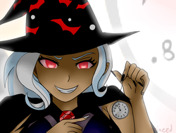 Size: 1600x1200 | Tagged: safe, artist:trixeed, trixie, equestria girls, g4, alicorn amulet, clothes, corrupted, crossover, danganronpa, despair, female, hat, human coloration, hypnosis, nail polish, red eyes, sad, solo, watch, wizard hat