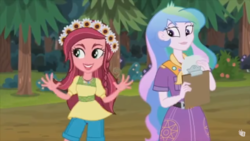 Size: 1366x768 | Tagged: safe, screencap, gloriosa daisy, princess celestia, principal celestia, equestria girls, g4, my little pony equestria girls: legend of everfree, flower, flower in hair, geode of fauna, geode of shielding, geode of sugar bombs, geode of super speed, geode of super strength, magical geodes, scout uniform