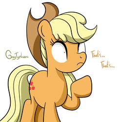 Size: 3700x3700 | Tagged: safe, artist:graytyphoon, applejack, g4, cowboy hat, dialogue, female, hat, high res, raised hoof, simple background, solo, stetson, surprised, white background