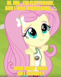 Size: 492x619 | Tagged: safe, edit, edited screencap, screencap, fluttershy, equestria girls, g4, my little pony equestria girls: legend of everfree, bait, bronybait, caption, cute, female, image macro, meme, shyabetes, solo, yellow text