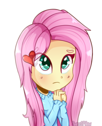 Size: 1024x1265 | Tagged: safe, artist:vixelzf, fluttershy, human, equestria girls, g4, barrette, blue sweater, clasped hands, clothes, cute, cyan eyes, digital art, female, hair accessory, heart, pink hair, pony coloring, shyabetes, simple background, solo, sweater, sweatershy, white background