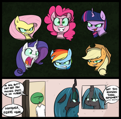 Size: 1029x1017 | Tagged: safe, artist:shoutingisfun, applejack, fluttershy, pinkie pie, queen chrysalis, rainbow dash, rarity, twilight sparkle, oc, oc:anon, changeling, changeling queen, human, pony, unicorn, g4, character to character, dialogue, disguise, disguised changeling, fake applejack, fake fluttershy, fake pinkie, fake rainbow dash, fake rarity, fake twilight, fangs, female, male, mane six, mare, mirror, open mouth, smiling, speech bubble, transformation