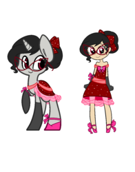 Size: 848x1084 | Tagged: safe, artist:obeliskgirljohanny, oc, oc only, oc:seraphim cyanne, base used, clothes, dress, gala dress, glasses, human and pony, solo