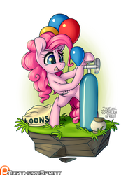 Size: 1024x1325 | Tagged: safe, artist:northernsprint, pinkie pie, earth pony, pony, g4, balloon, balloon package, bipedal, dirt cube, female, helium, helium tank, mare, solo, tongue out