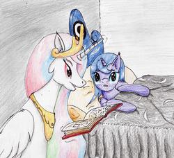 Size: 2234x2035 | Tagged: safe, artist:40kponyguy, derpibooru exclusive, princess celestia, princess luna, g4, bed, cute, filly, high res, reading, traditional art, woona, younger