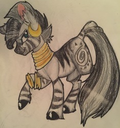 Size: 2448x2599 | Tagged: safe, artist:snowfoxythefox, zecora, zebra, g4, chest fluff, colored, colored pencil drawing, colored sketch, female, high res, hooves, jewelry, pencil, pencil drawing, raised leg, smirk, solo, standing, traditional art