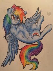 Size: 3264x2448 | Tagged: safe, artist:snowfoxythefox, rainbow dash, g4, 30 minute art challenge, chest fluff, colored, colored pencil drawing, colored sketch, cute, dashabetes, ear fluff, female, flying, high res, on back, pencil, pencil drawing, simple background, smiling, solo, traditional art, white background