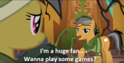 Size: 591x303 | Tagged: safe, edit, edited screencap, screencap, daring do, quibble pants, pony, g4, stranger than fan fiction, caption, female, image macro, implied bondage, innuendo, male, mare, meme, stallion