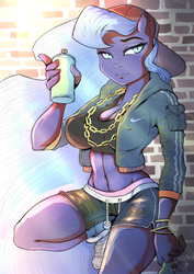 Size: 2893x4092 | Tagged: safe, artist:nxyde, princess luna, anthro, g4, backwards ballcap, baseball cap, belly button, big breasts, bottle, bracelet, breasts, busty princess luna, chains, cleavage, clothes, crepuscular rays, female, hat, jacket, jewelry, midriff, nike, shorts, solo, spray can, tank top, tomboy, wristband