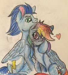 Size: 2448x2694 | Tagged: safe, artist:snowfoxythefox, rainbow dash, soarin', pony, g4, blushing, colored, colored pencil drawing, colored sketch, female, heart, high res, hug, male, old cutie mark, pencil, pencil drawing, ship:soarindash, shipping, straight, traditional art