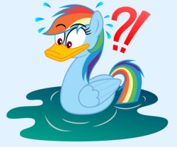 Size: 6295x5230 | Tagged: safe, artist:steam-loco, rainbow dash, bird, duck pony, g4, absurd resolution, duck bill, emanata, exclamation point, female, interrobang, pegaduck, question mark, rainbow duck, solo, species swap, sweat, sweatdrops, water