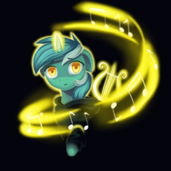 Size: 900x900 | Tagged: safe, artist:1nakir1, lyra heartstrings, pony, unicorn, fanfic:background pony, g4, black background, clothes, colored pupils, dig the swell hoodie, fanfic art, female, glowing horn, hoodie, horn, lyre, magic, music notes, musical instrument, simple background, solo