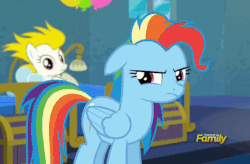 Size: 572x375 | Tagged: safe, screencap, rainbow dash, surprise (g4), pony, g4, newbie dash, animated, balloon, dynamic dash, female, floppy ears, forthright filly, solo focus
