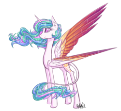 Size: 1793x1643 | Tagged: safe, artist:australian-senior, princess celestia, pony, kirindos, g4, alternate universe, colored wings, colored wingtips, doodle, female, leonine tail, mare, redesign, simple background, solo, transparent background