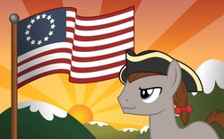 Size: 1134x705 | Tagged: safe, artist:snapshot1994, earth pony, pony, american flag, colonial, male, mountain, patriotism, ponytail, solo, stallion, sunset, tricorne, united states