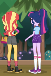 Size: 340x503 | Tagged: safe, screencap, sci-twi, sunset shimmer, twilight sparkle, equestria girls, g4, my little pony equestria girls: legend of everfree, ass, bunset shimmer, butt, clothes, converse, cropped, legs, ponytail, rear view, sci-twibutt, shoes, sneakers, twibutt