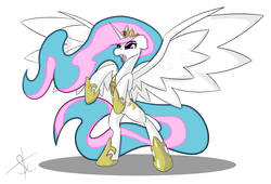 Size: 2800x1900 | Tagged: safe, artist:steam craft, princess celestia, g4, angry, ears back, female, glare, open mouth, rearing, simple background, solo, spread wings, white background, wings