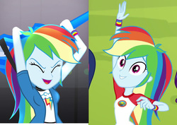 Size: 1000x708 | Tagged: safe, edit, edited screencap, screencap, rainbow dash, equestria girls, g4, my little pony equestria girls: legend of everfree, my little pony equestria girls: rainbow rocks, breasts, comparison, female, small breasts