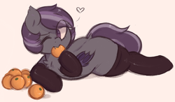 Size: 1013x592 | Tagged: safe, artist:toroitimu, oc, oc only, oc:iris, bat pony, pony, chubby, clothes, eating, fangs, female, food, heart, herbivore, looking away, one eye closed, orange, solo, stockings, wink