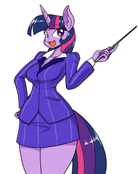 Size: 1020x1280 | Tagged: source needed, safe, artist:reiduran, twilight sparkle, anthro, g4, breasts, cleavage, clothes, female, hand on hip, open mouth, skirt, skirt suit, smiling, solo, suit