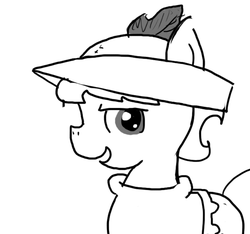 Size: 640x600 | Tagged: safe, artist:ficficponyfic, oc, oc only, oc:ruby rouge, earth pony, pony, colt quest, child, clothes, dress, feather, female, filly, foal, grin, hat, leggings, monochrome, smiling, sneer, solo focus, story included, tomboy