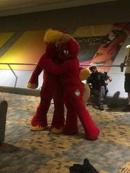 Size: 960x1280 | Tagged: safe, artist:atalonthedeer, big macintosh, human, bronycon, bronycon 2016, g4, cuddling, fursuit, hug, irl, irl human, macareina, photo, rule 63, self ponidox, snuggling