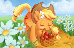 Size: 1190x770 | Tagged: safe, artist:violetvampirevixen, applejack, earth pony, pony, g4, apple, basket, cute, eyes closed, female, flower, flower in hair, food, jackabetes, mare, mouth hold, solo