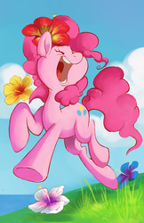 Size: 770x1190 | Tagged: safe, artist:violetvampirevixen, pinkie pie, g4, cute, diapinkes, eyes closed, female, flower, flower in hair, galloping, hibiscus, solo