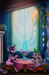 Size: 1043x1600 | Tagged: safe, artist:doll88, spike, starlight glimmer, g4, cupcake, food, friends, tea, teacup, twilight's castle