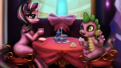 Size: 1920x1080 | Tagged: safe, artist:doll88, spike, starlight glimmer, g4, cupcake, food, teacup