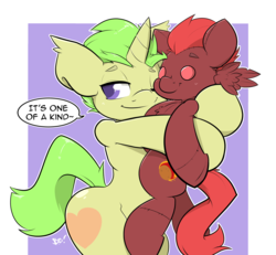 Size: 3226x2983 | Tagged: safe, artist:bbsartboutique, oc, oc only, oc:golden heart, pegasus, pony, unicorn, dialogue, high res, hug, male, plushie, solo