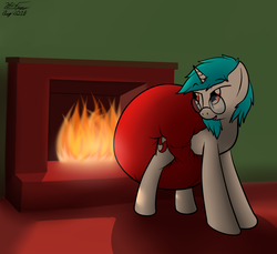 Size: 1039x951 | Tagged: safe, artist:the-furry-railfan, oc, oc only, oc:minty candy, diaper, fireplace, impossibly large diaper, non-baby in diaper, poofy diaper, solo