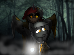 Size: 1024x768 | Tagged: safe, artist:tranzmuteproductions, oc, oc only, oc:curse word, oc:tranzmute, alicorn, bat pony, pony, alicorn oc, bat pony oc, black sclera, clothes, duo, female, flashlight (object), fog, forest, horn, male, mare, necktie, shirt, smiling, stallion, suit, tree, wings, worried