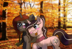 Size: 1100x758 | Tagged: safe, artist:tranzmuteproductions, oc, oc only, oc:curse word, oc:magpie, pony, unicorn, :p, autumn, blushing, clothes, female, horn, lesbian, mare, one eye closed, outdoors, scarf, tongue out, tree, unicorn oc, wink