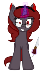 Size: 940x1531 | Tagged: safe, artist:terton, oc, oc only, oc:curse word, pony, unicorn, devil horns, female, glasses, glowing horn, grin, horn, insanity, knife, magic, mare, simple background, smiling, telekinesis, transparent background