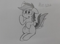Size: 2080x1536 | Tagged: safe, artist:chromchill12, oc, oc only, oc:blue eyes, pony, cute, monochrome, pencil drawing, sitting, solo, traditional art
